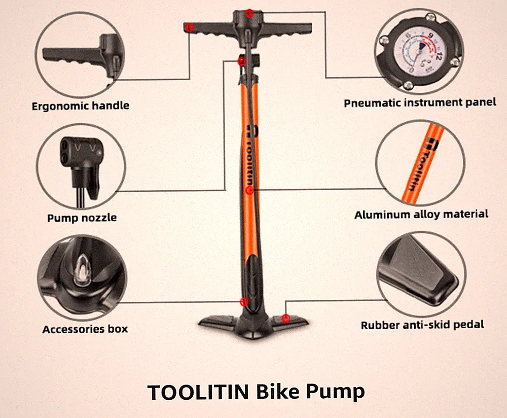 Bike Pump with Gauge,High Pressure,Floor Bicycle Pump Road Bike,MTB,Hybrid,Balls