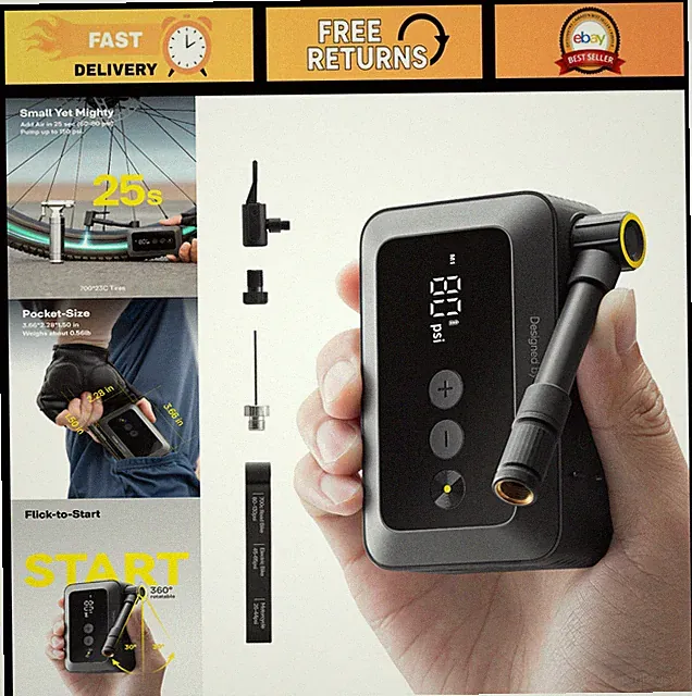 Portable Mini Electric Bike Tire Pump - Fast Inflate 150PSI with Gauge, Presta &